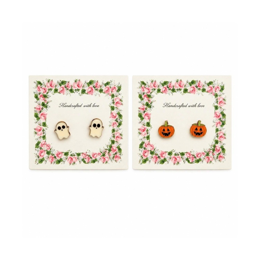 Handcrafted Halloween Stud Earrings Women OS Orange White Ghost Pumpkin Set